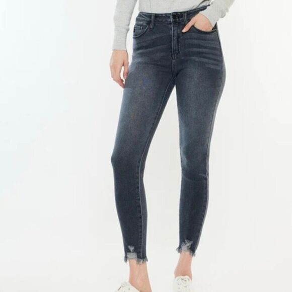 Kancan black wash high rise skinny jeans chewed hem 25 - Picture 1 of 10